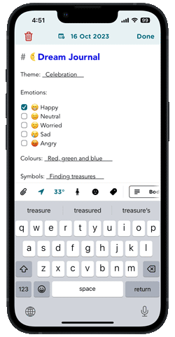 Dream journal template pre-filled in Journey journal app.