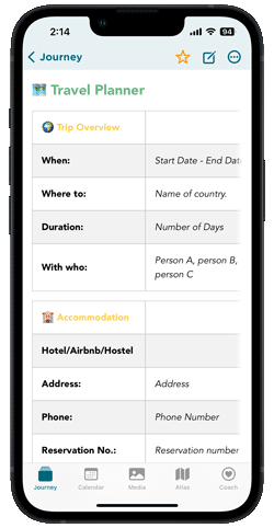 Planifique los próximos viajes con la plantilla de diario de viajes de la aplicación Journey que incluye planes de itinerario, número de vuelo, información del hotel, lugares para visitar y más.